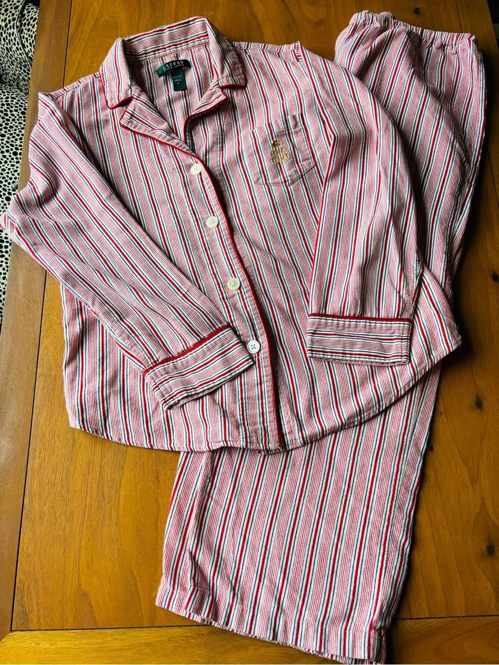 Lauren Ralph Lauren Red White Striped Flannel Pajama Set 2 PC Sleepwear Large L